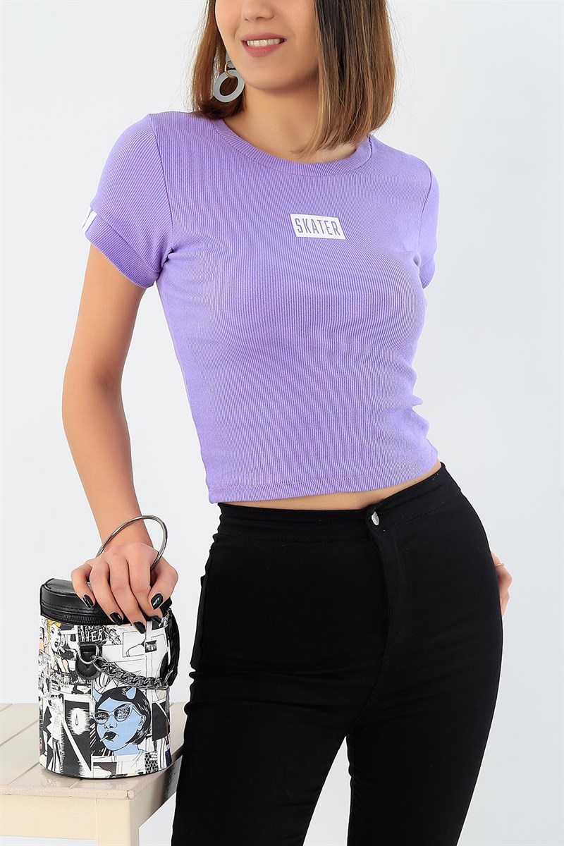 Baskılı Lila Crop Tişört 30719