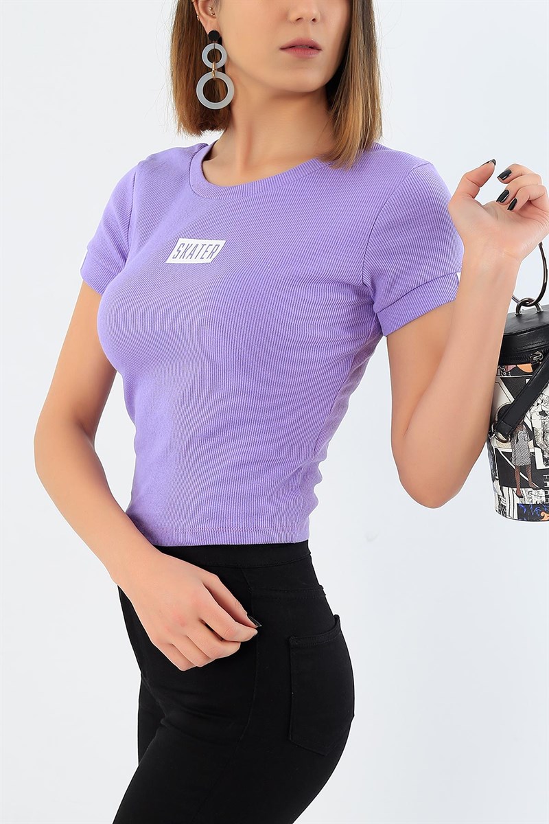 Baskılı Lila Crop Tişört 30719