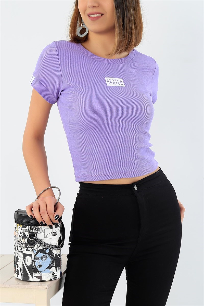 Baskılı Lila Crop Tişört 32861