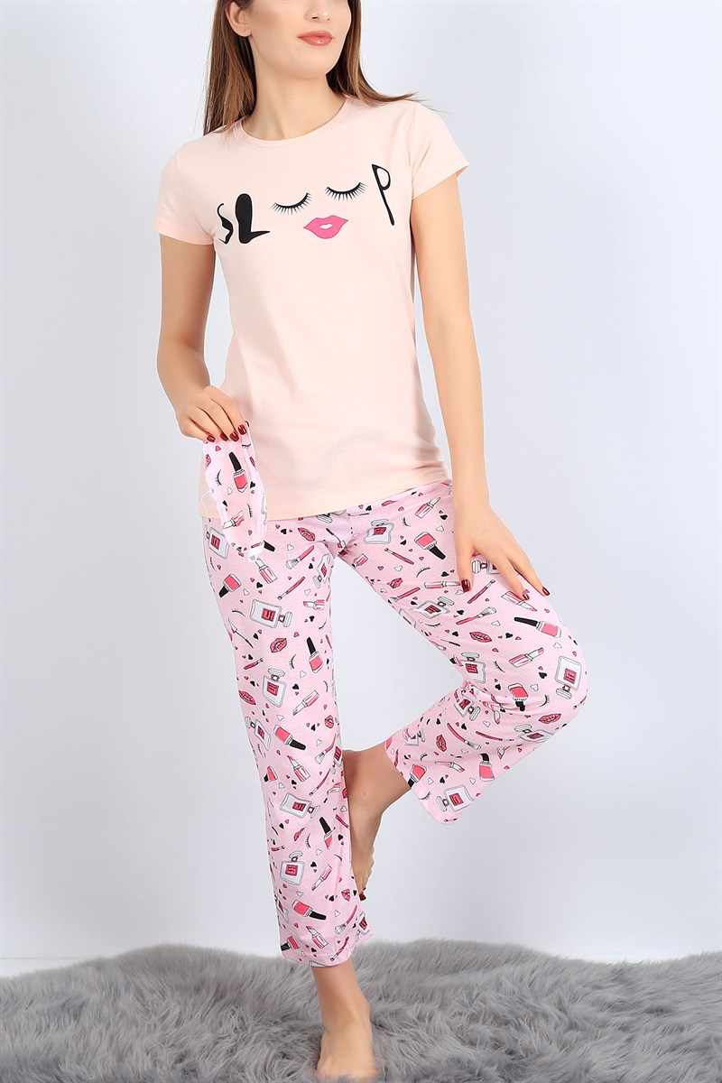 Baskılı Pudra Bayan Pijama Takımı 27071B