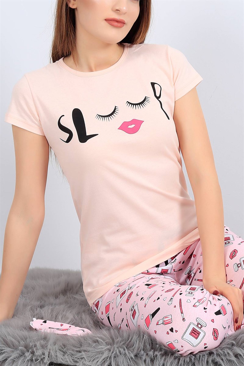 Baskılı Pudra Bayan Pijama Takımı 27071B