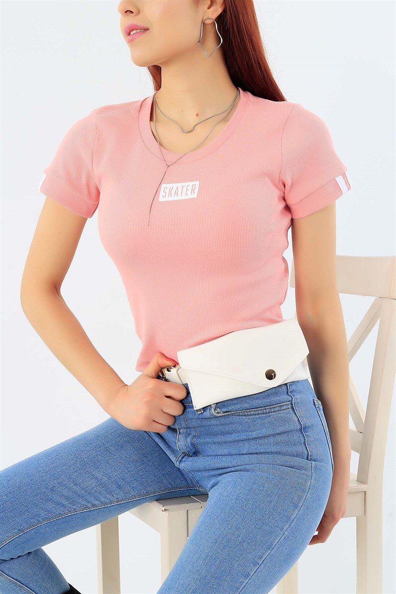 Baskılı Pudra Crop Tişört 30723