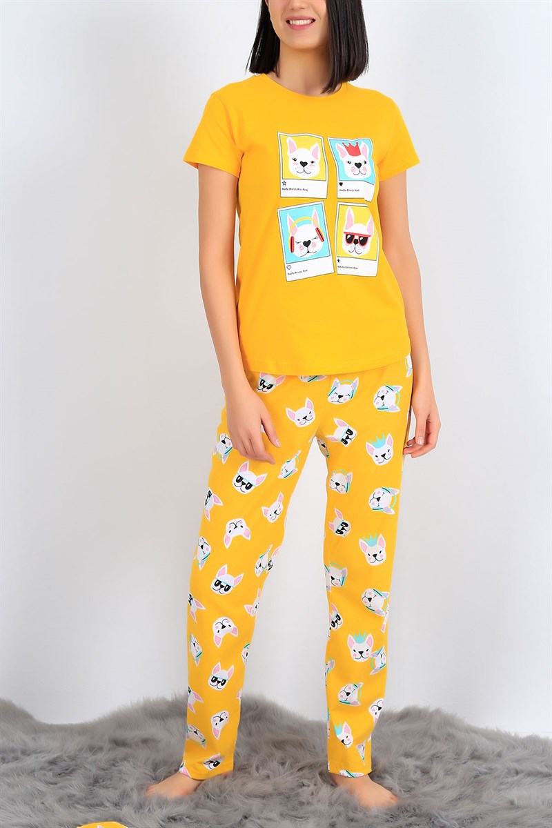 Baskılı Sarı Bayan Pijama Takımı 26946B