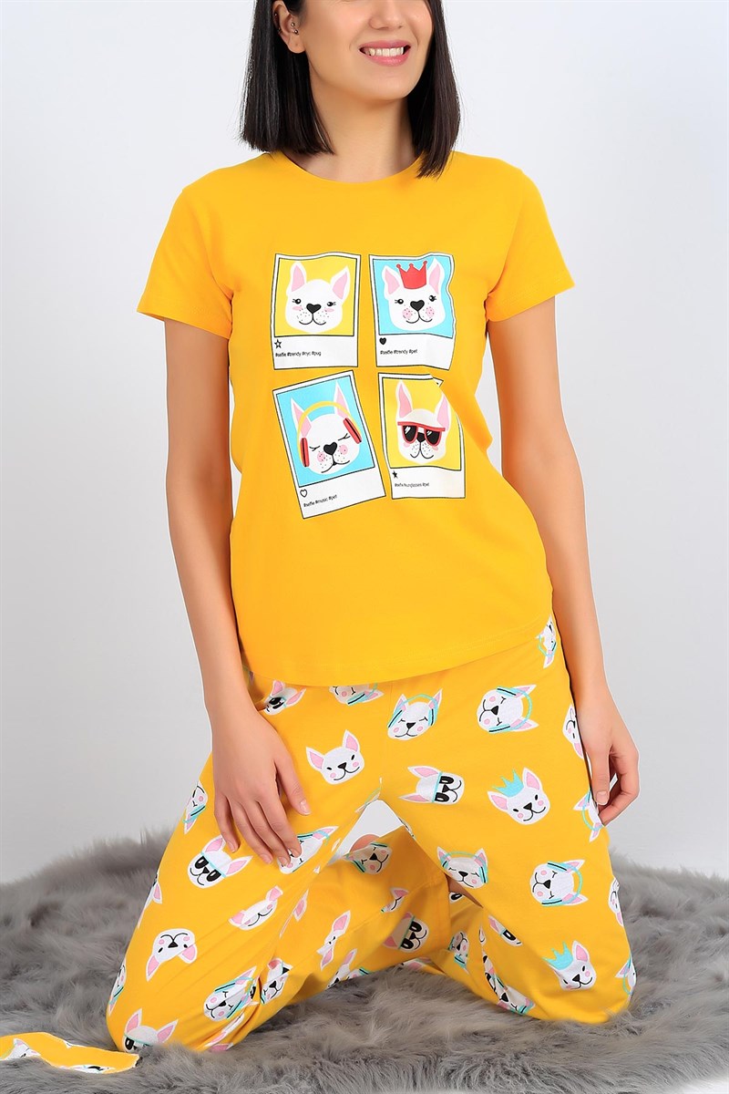 Baskılı Sarı Bayan Pijama Takımı 26946B