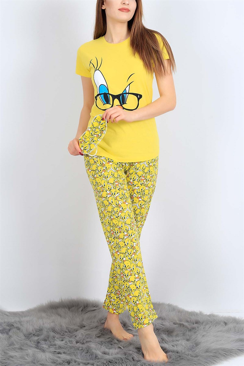 Baskılı Sarı Bayan Pijama Takımı 26967B