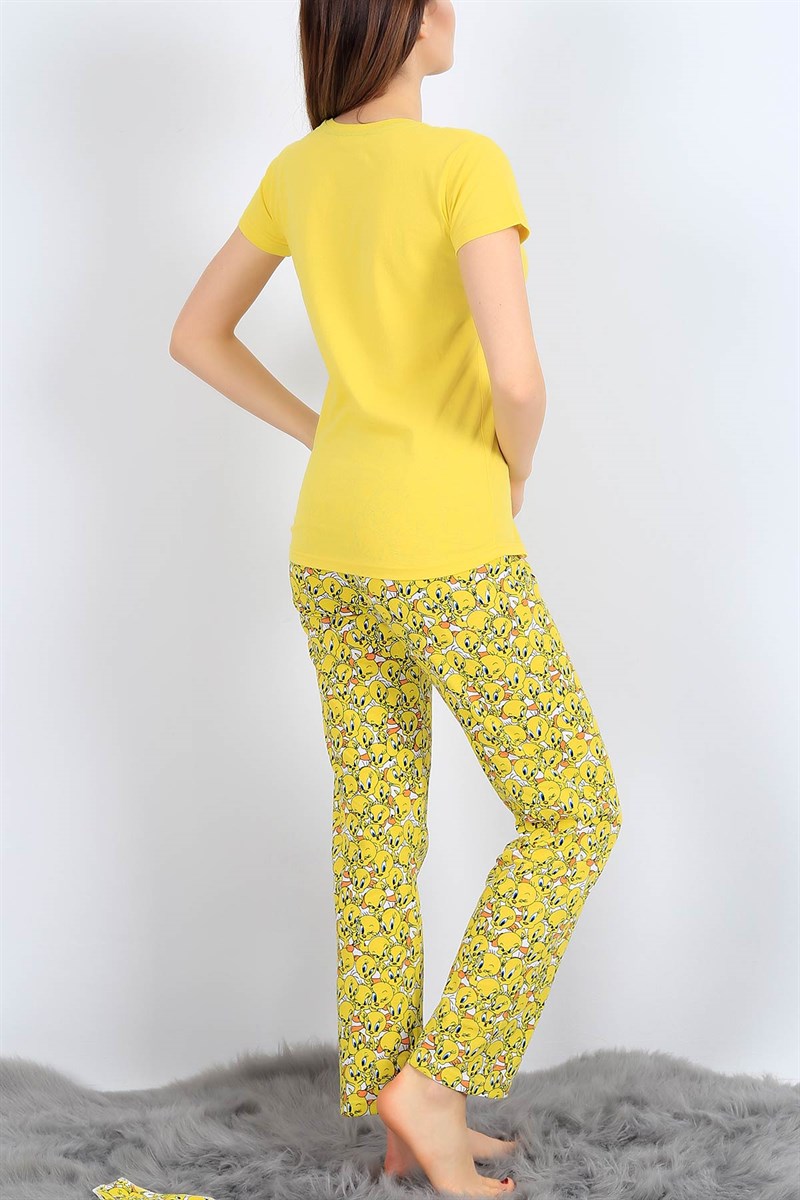 Baskılı Sarı Bayan Pijama Takımı 26967B