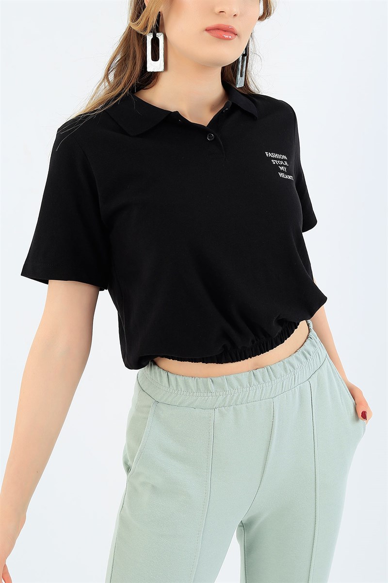 Baskılı Siyah Bayan Polo Yaka Tişört 36013