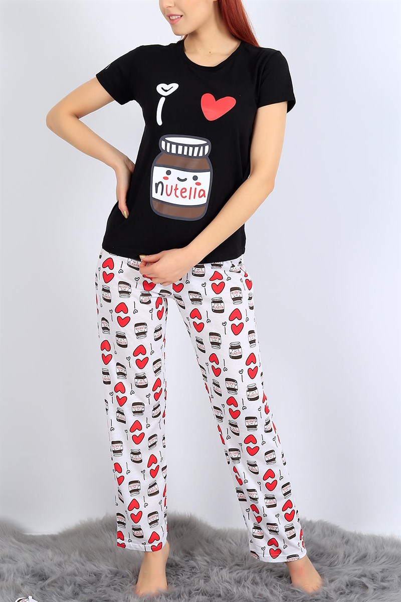 Baskılı Siyah Bayan Pijama Takımı 26952B