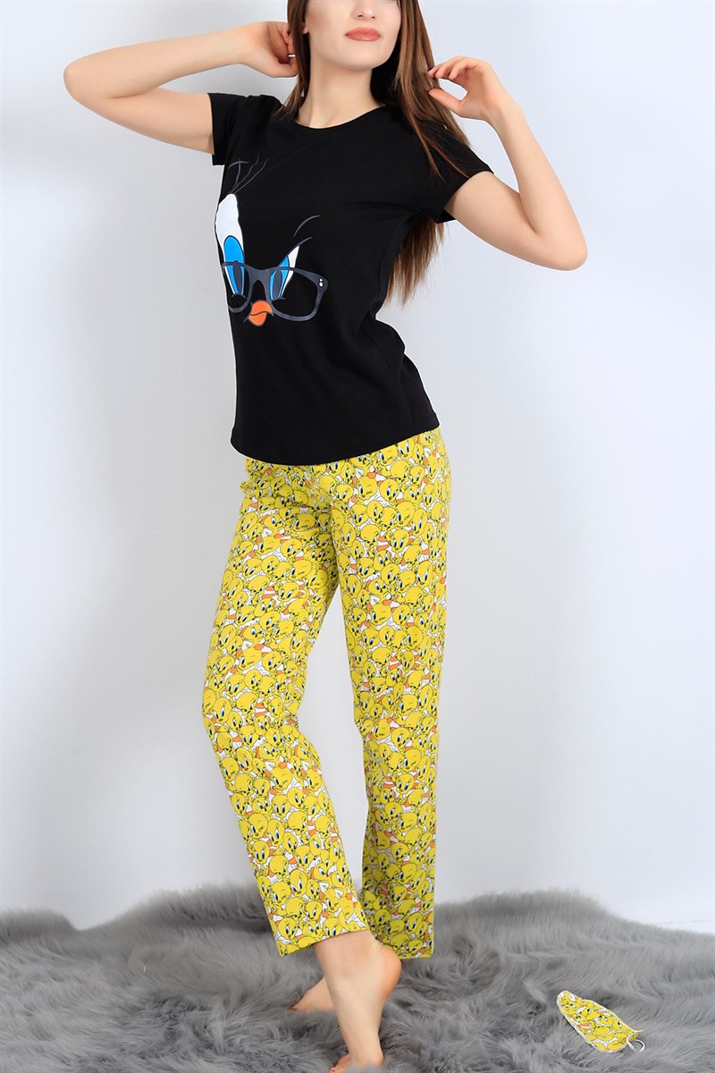 Baskılı Siyah Bayan Pijama Takımı 26965B
