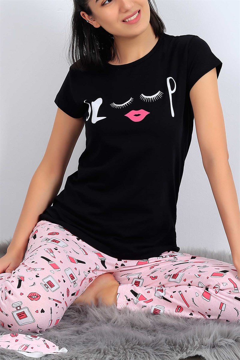 Baskılı Siyah Bayan Pijama Takımı 27074B