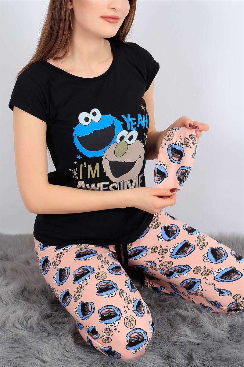 Baskılı Siyah Bayan Pijama Takımı 27078B