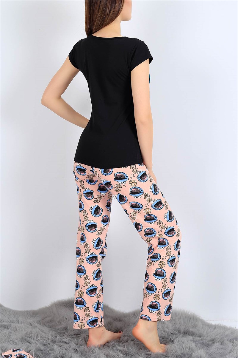 Baskılı Siyah Bayan Pijama Takımı 27078B