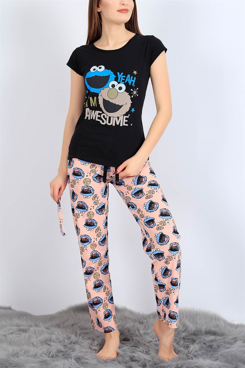 Baskılı Siyah Bayan Pijama Takımı 27078B