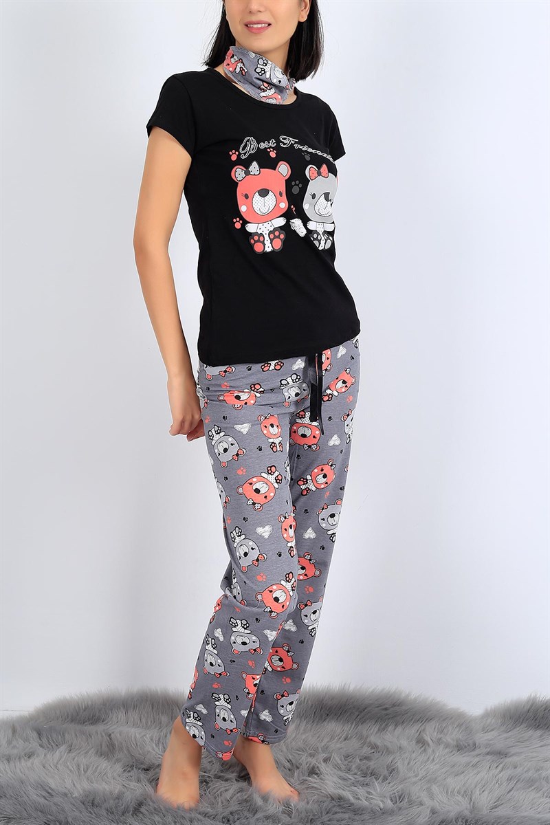 Baskılı Siyah Bayan Pijama Takımı 27082B