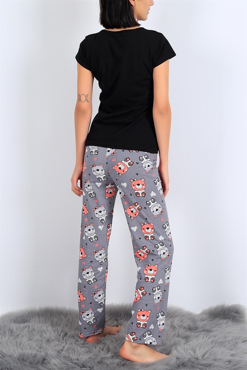Baskılı Siyah Bayan Pijama Takımı 27082B