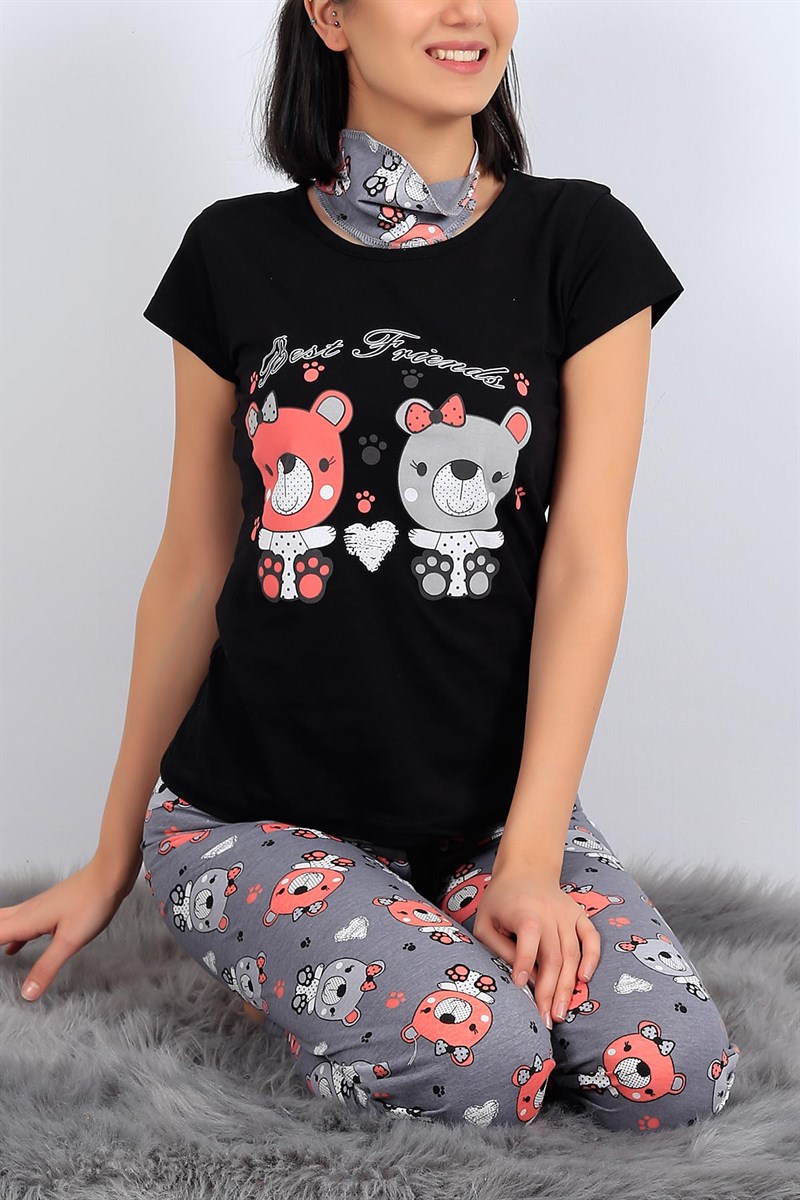 Baskılı Siyah Bayan Pijama Takımı 27082B