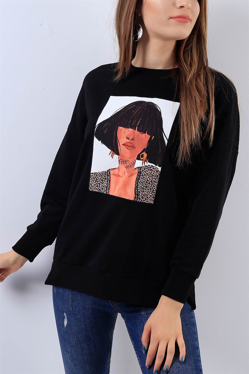 Baskılı Siyah Bayan Sweat 17816B