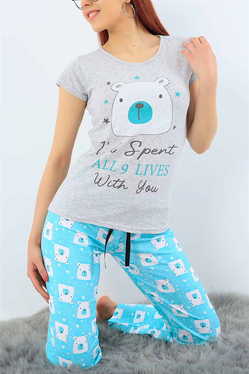 Baskılı Su Yeşili Bayan Pijama Takımı 31320
