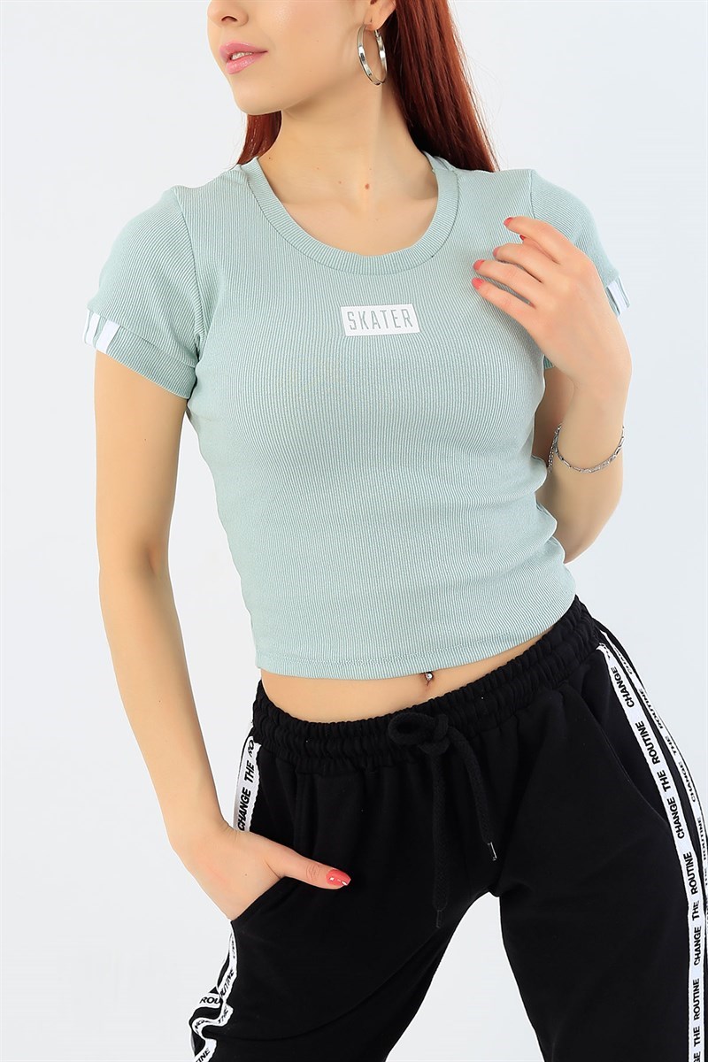 Baskılı Su Yeşili Crop Tişört 32863