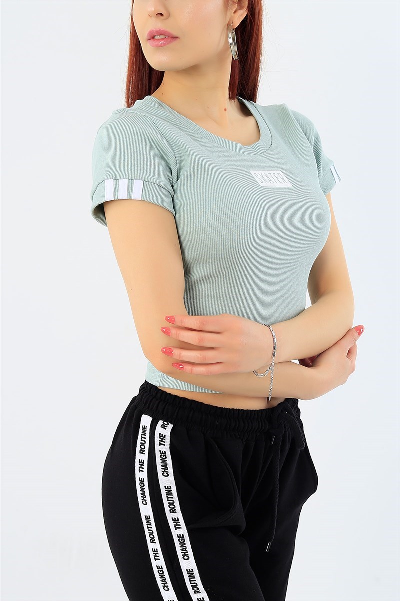 Baskılı Su Yeşili Crop Tişört 32863