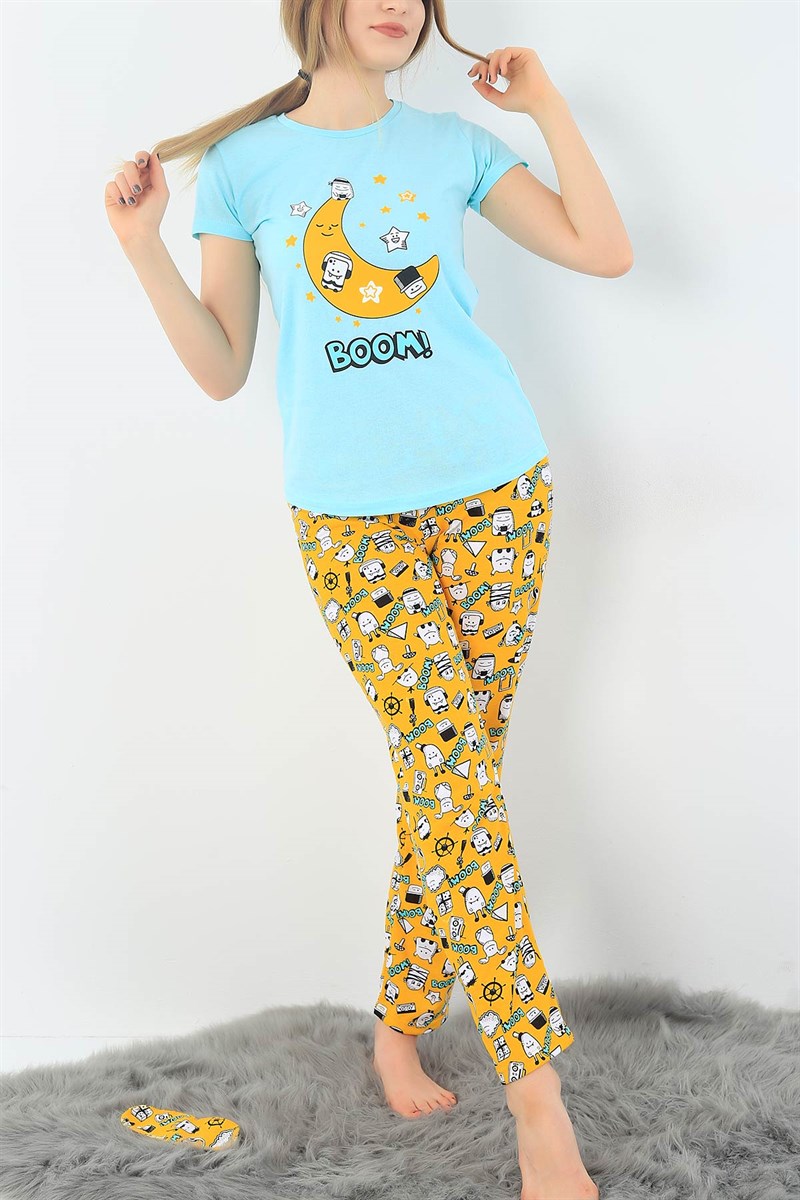 Baskılı Turkuaz Bayan Pijama Takımı 33014