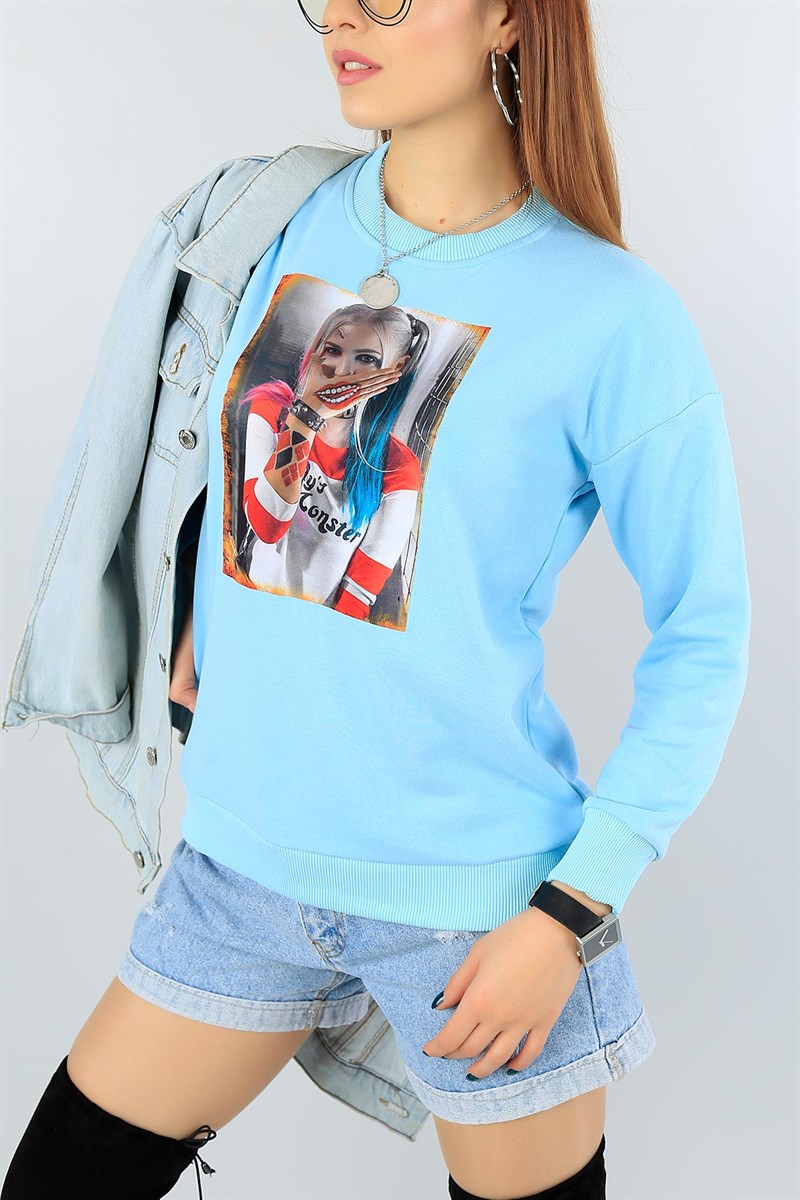 Bebe Mavi Baskılı Likralı Bayan Sweat 46554