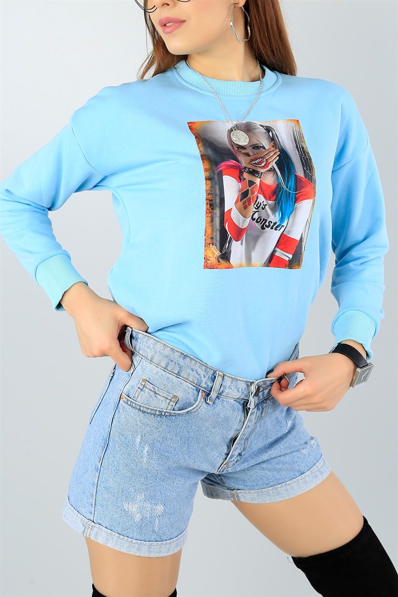 Bebe Mavi Baskılı Likralı Bayan Sweat 46554