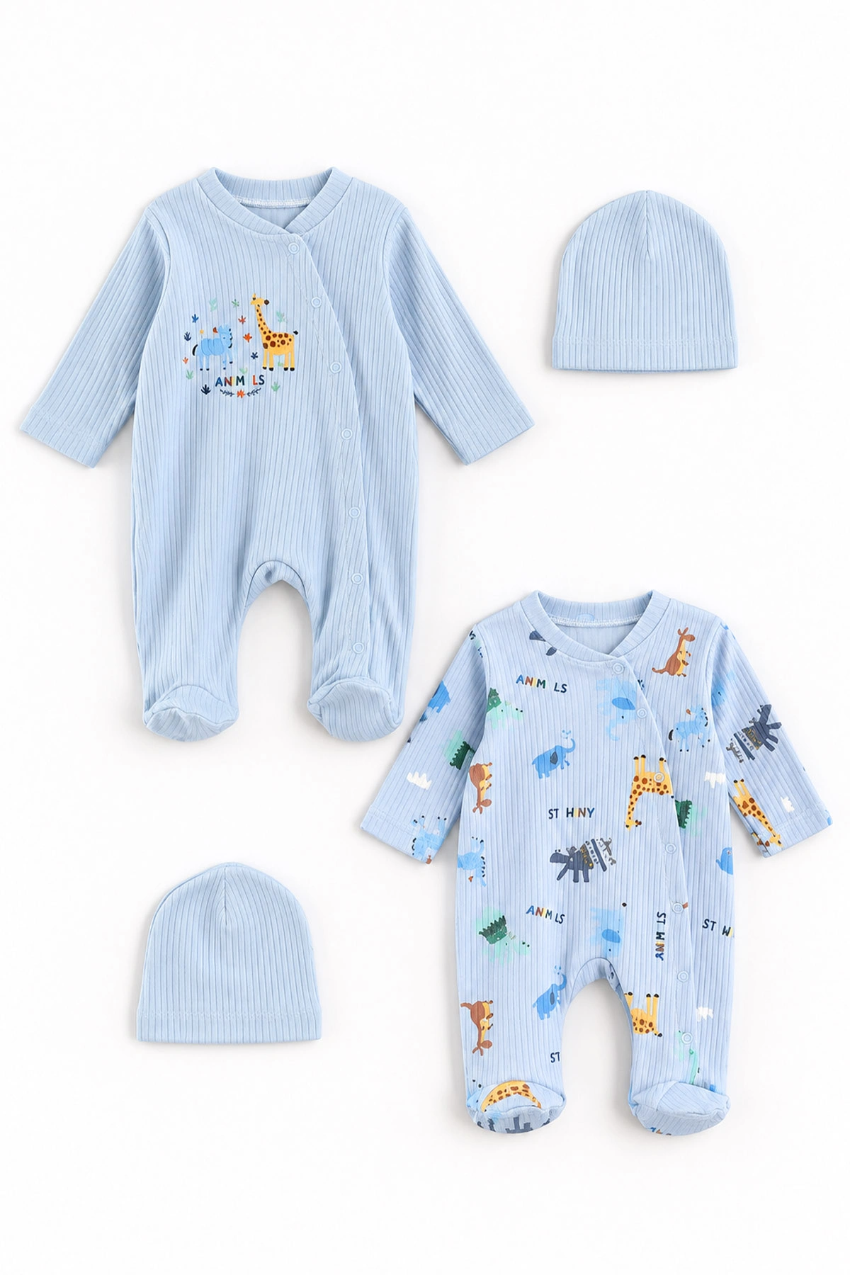 Bebe Mavisi (0-3 Ay) Anımals Baskılı Raporlu ve Şapkalı 2'li Erkek Bebek Tulum 492610