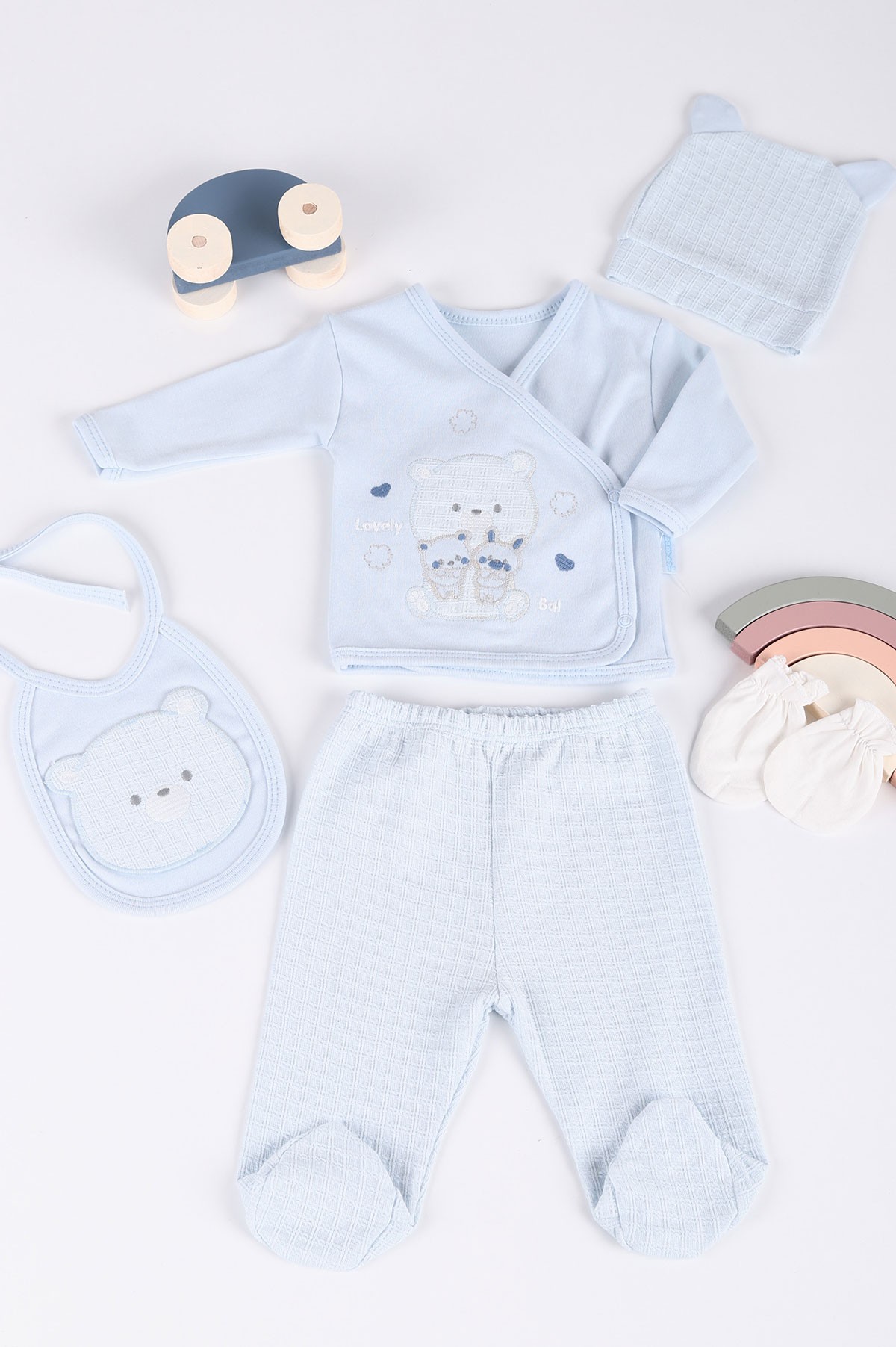 Bebe Mavisi (0-3 Ay) Ayı Nakışlı 5'li Erkek Bebe Takım 219716