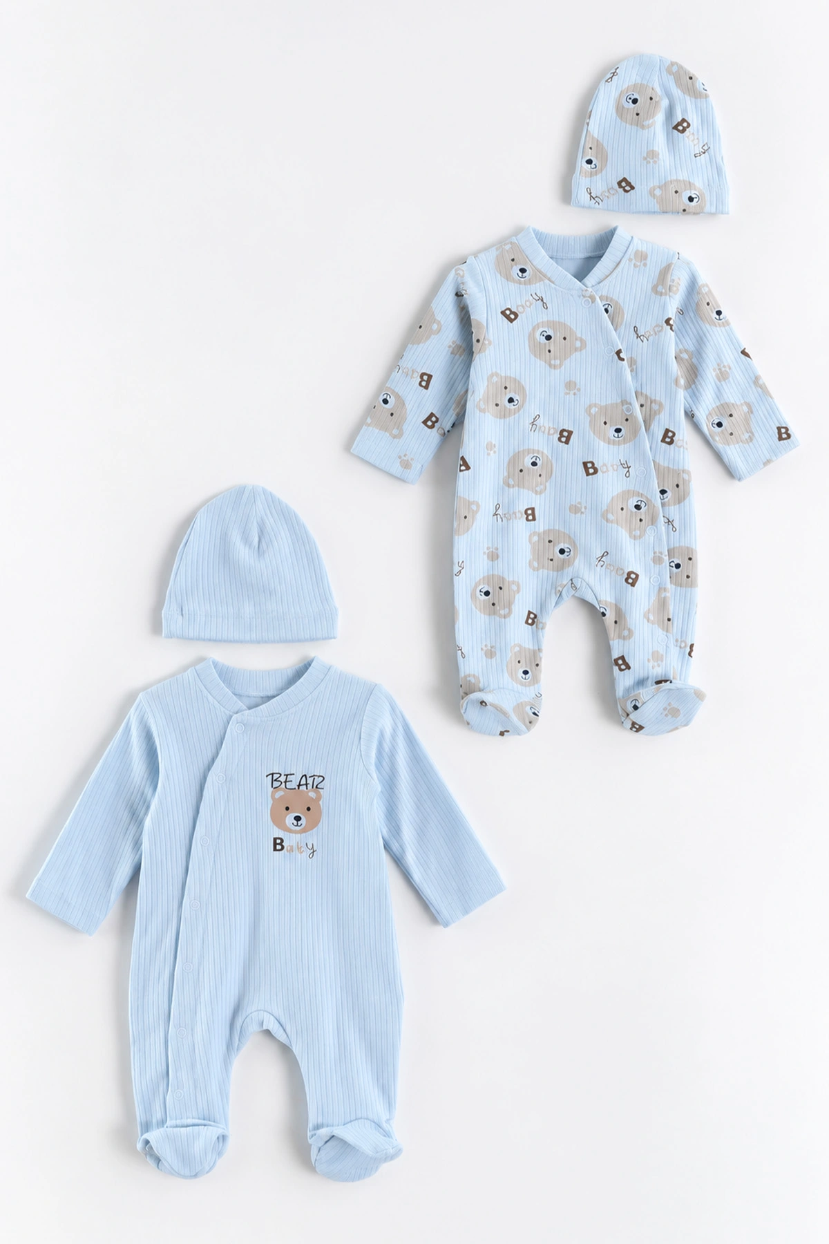 Bebe Mavisi (0-3 Ay) Baby Ayıcık Baskılı Raporlu ve Patikli 2'li Erkek Bebek Tulum 486916