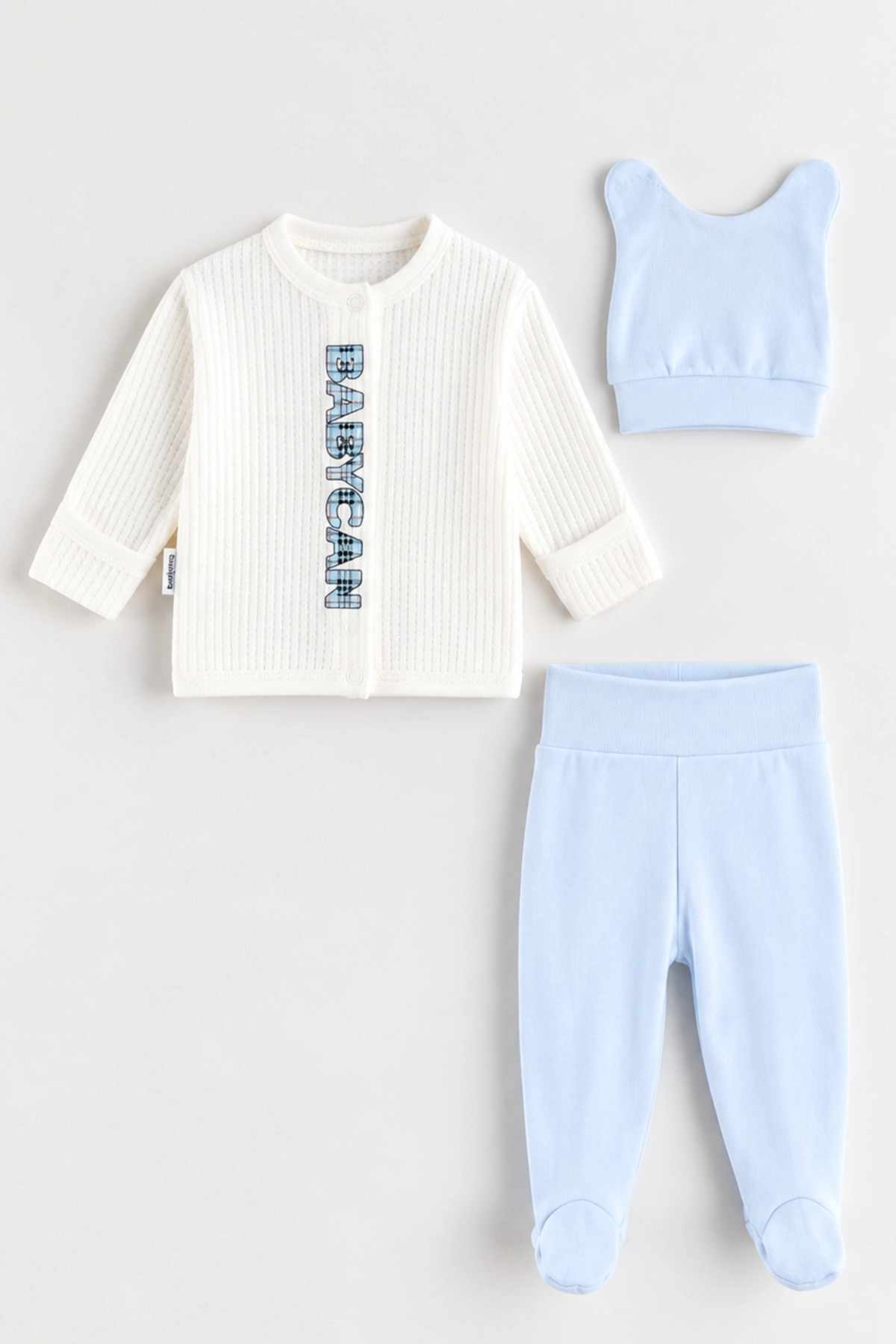 Bebe Mavisi (0-3 Ay) Baskılı Patikli ve Şapkalı Erkek Bebek 3'lü Takım 477141