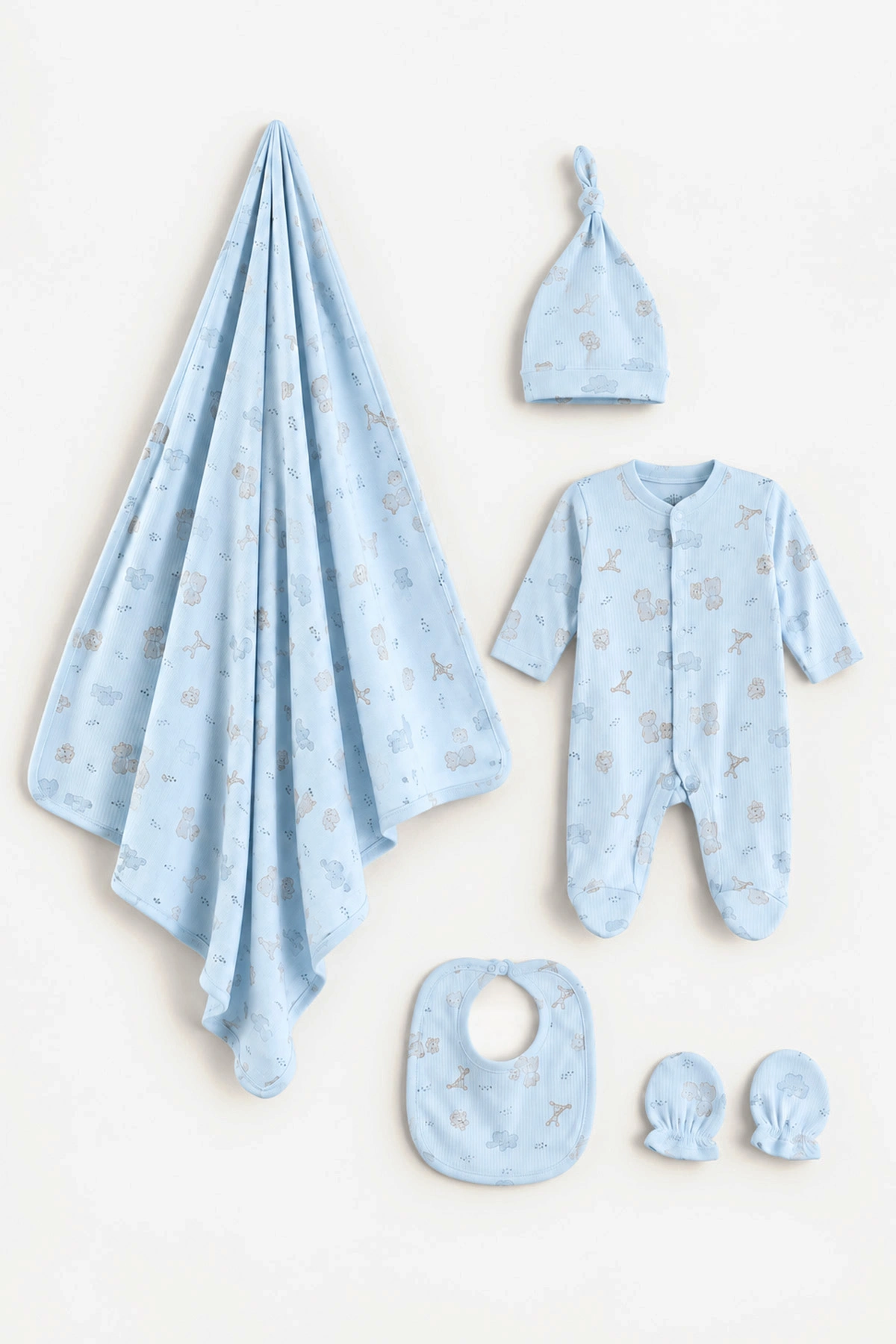Bebe Mavisi (0-3 Ay) Fil Baskılı Raporlu Battaniyeli Erkek Bebek 5'li Set 487181