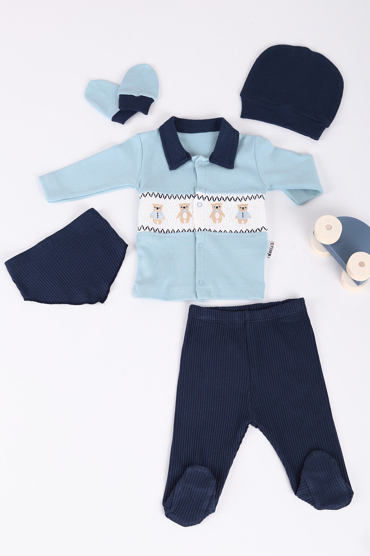 Bebe Mavisi (0-3 Ay) Gömlek Yaka  Nakışlı 5'li Erkek Bebe Takım 219745
