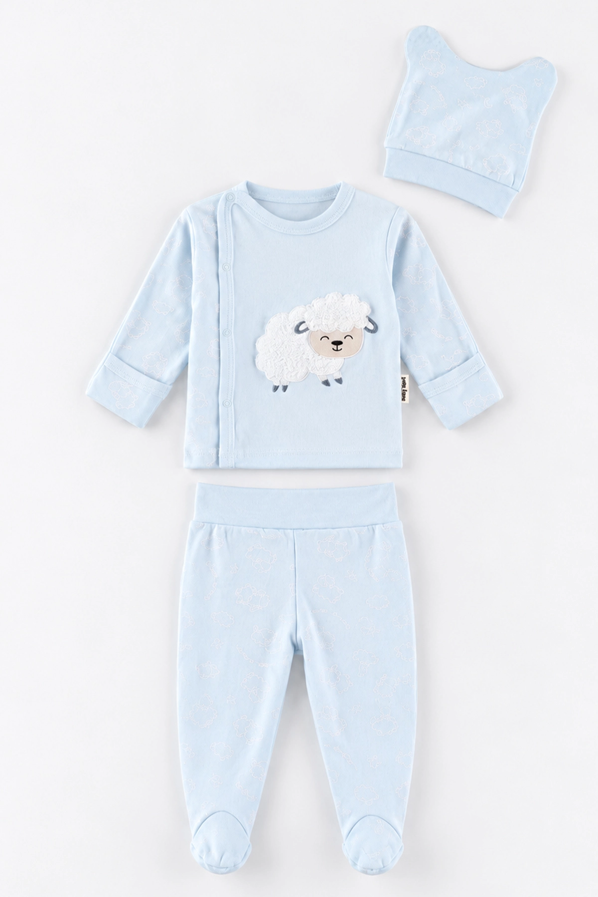 Bebe Mavisi (0-3 Ay) Peluş Kuzu Nakışlı Patikli Yeni Doğan Bebek 3'lü Zıbın Takım 477185