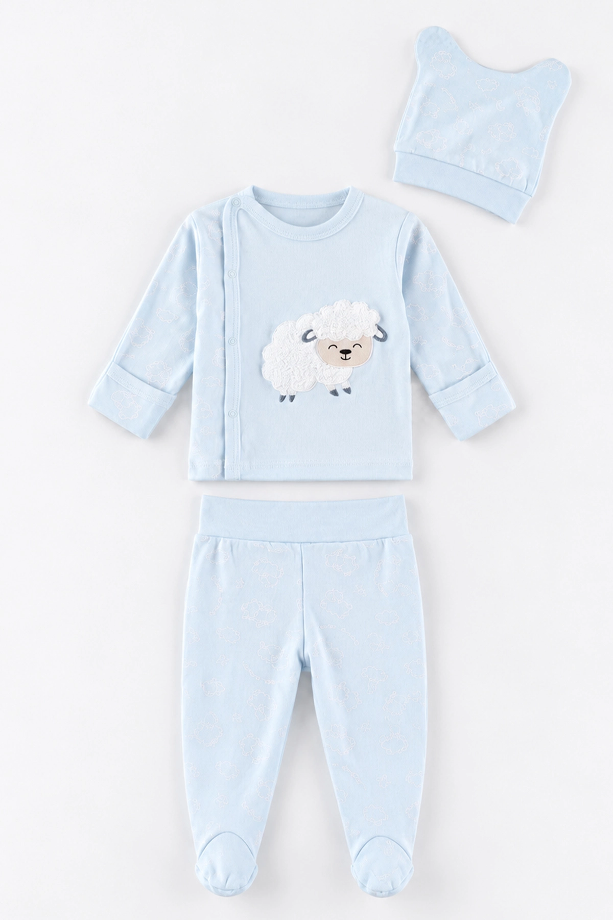 Bebe Mavisi (0-3 Ay) Peluş Kuzu Nakışlı Patikli Yeni Doğan Bebek 3'lü Zıbın Takım 477185