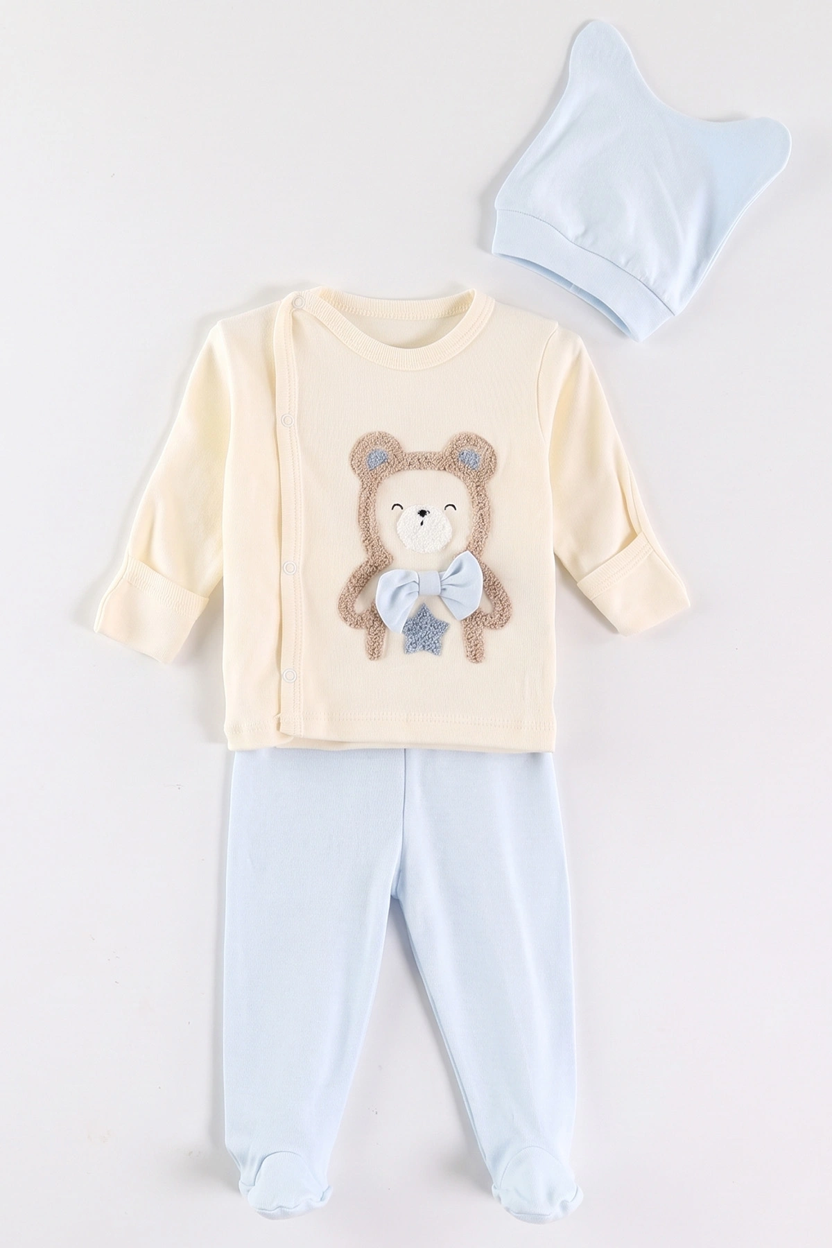 Bebe Mavisi (0-3 Ay) Süzene Ayıcık Nakışlı Patikli 3'lü Erkek Bebek Takım 477121