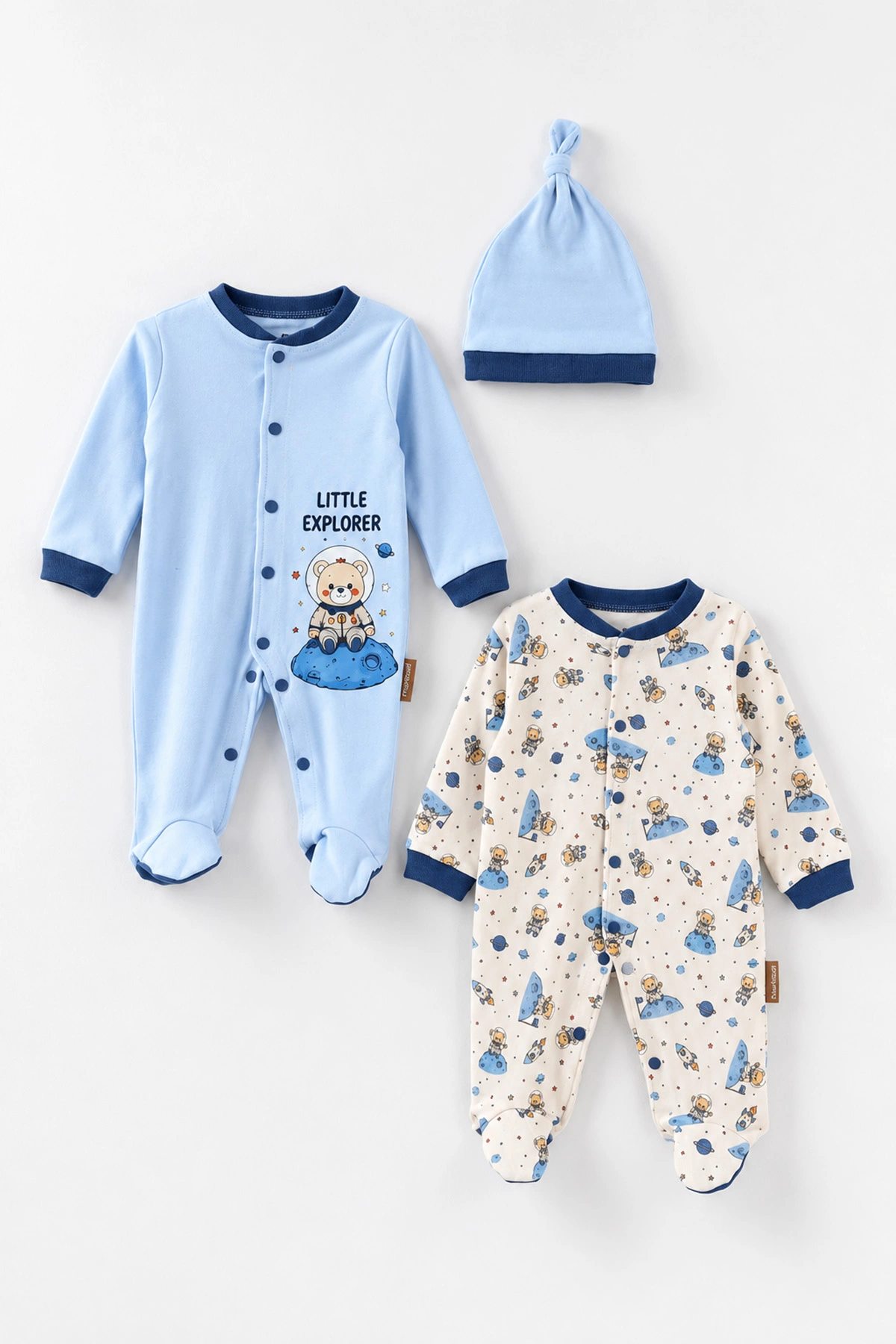 Bebe Mavisi (0-3 Ay)Astronot Ayıcık  Baskılı Patikli Şapkalı Penye 2'li Erkek Bebek Tulum 500357