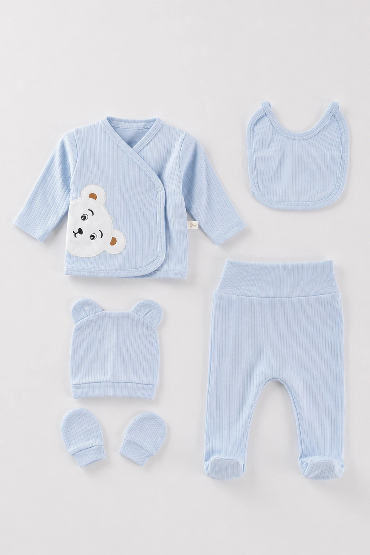 Bebe Mavisi (0-3 Ay)Ayı Nakışlı Raporlu Patikli 5'li Erkek Bebek Takım 479291