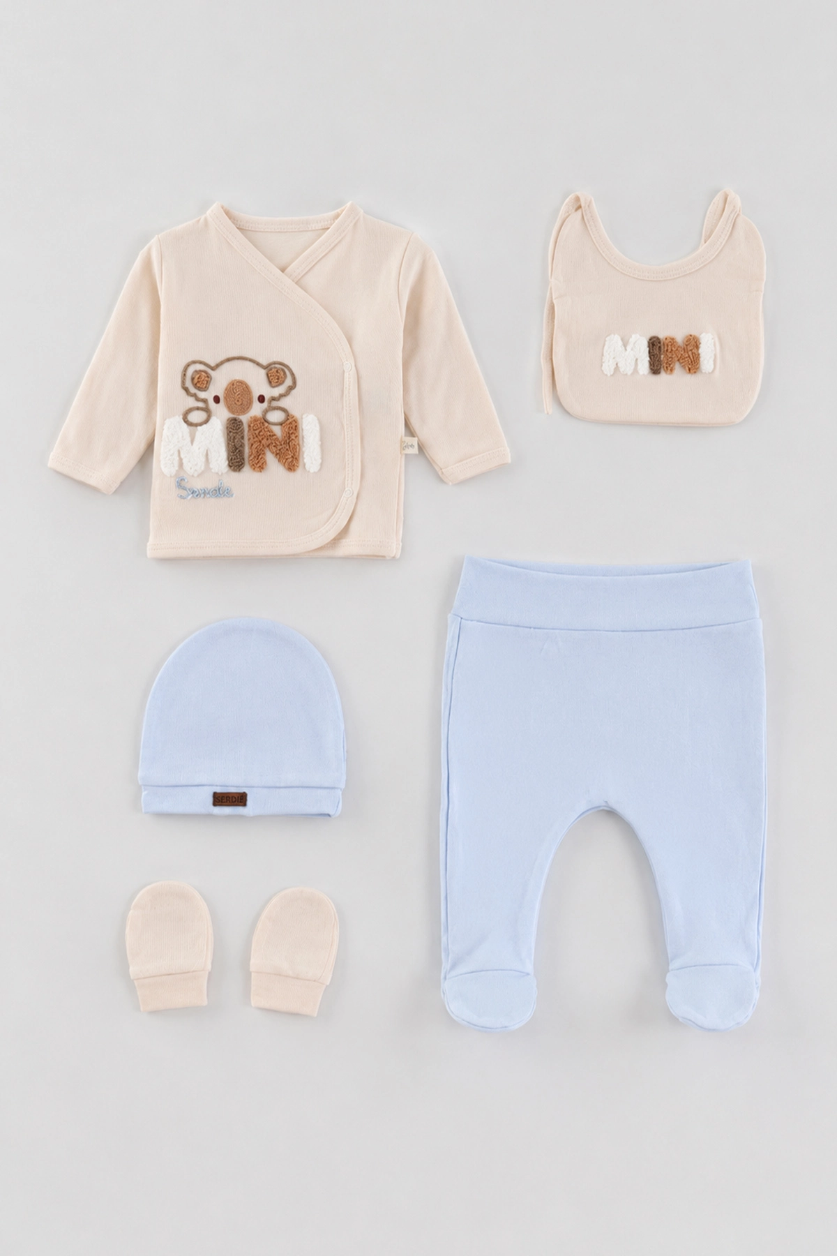 Bebe Mavisi (0-3 Ay)Mn Ayıcık Nakışlı  Patikli 5'li Erkek Bebek Takım 479301