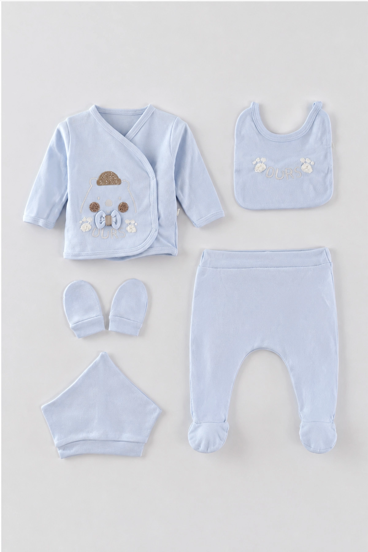 Bebe Mavisi (0-3 Ay)Şapkalı Ayıcık Nakışlı  Patikli 5'li Erkek Bebek Takım 479304