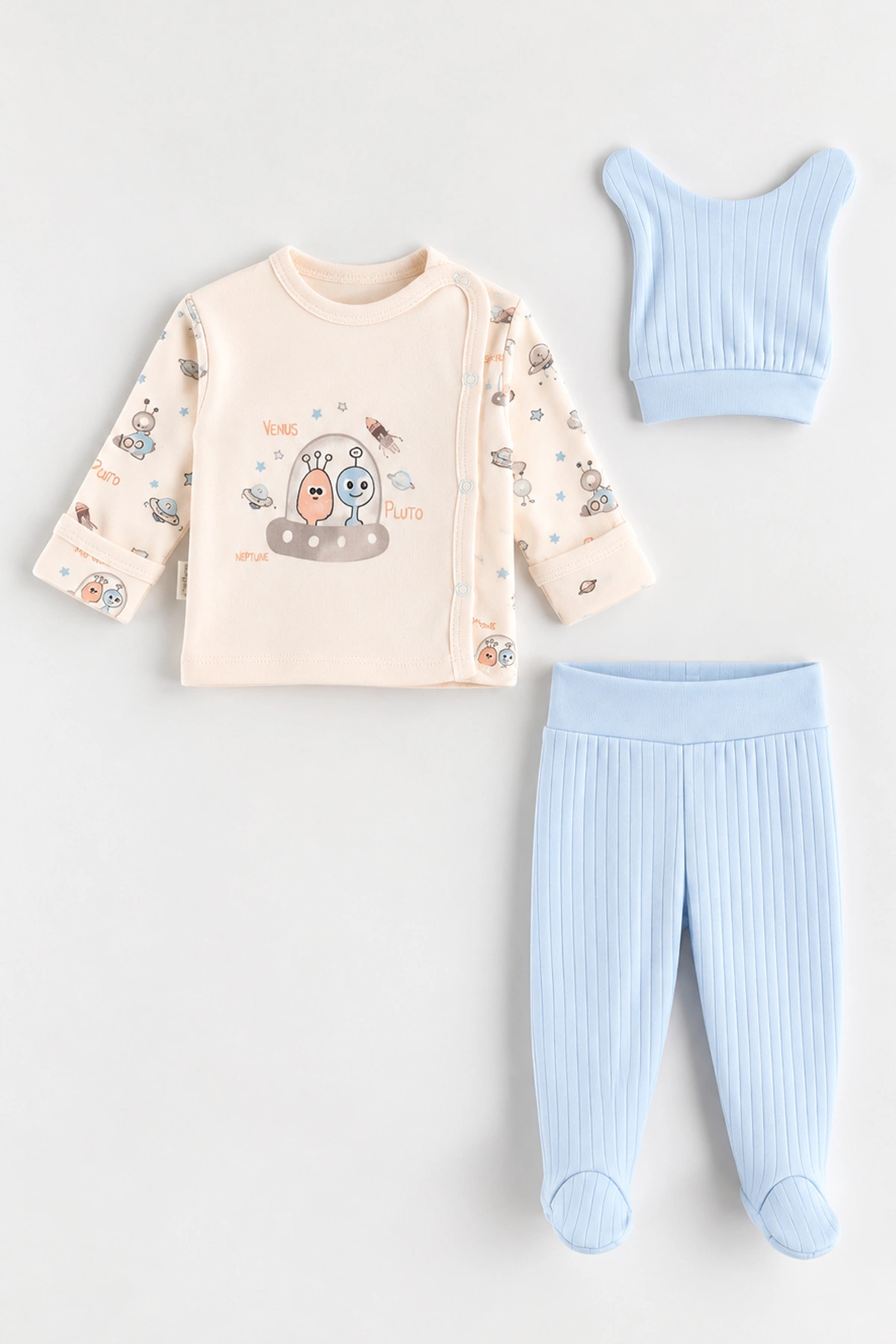Bebe Mavisi (0-3 Ay)Uzay Baskılı Patikli 3'lü Erkek Bebek Takım 477139