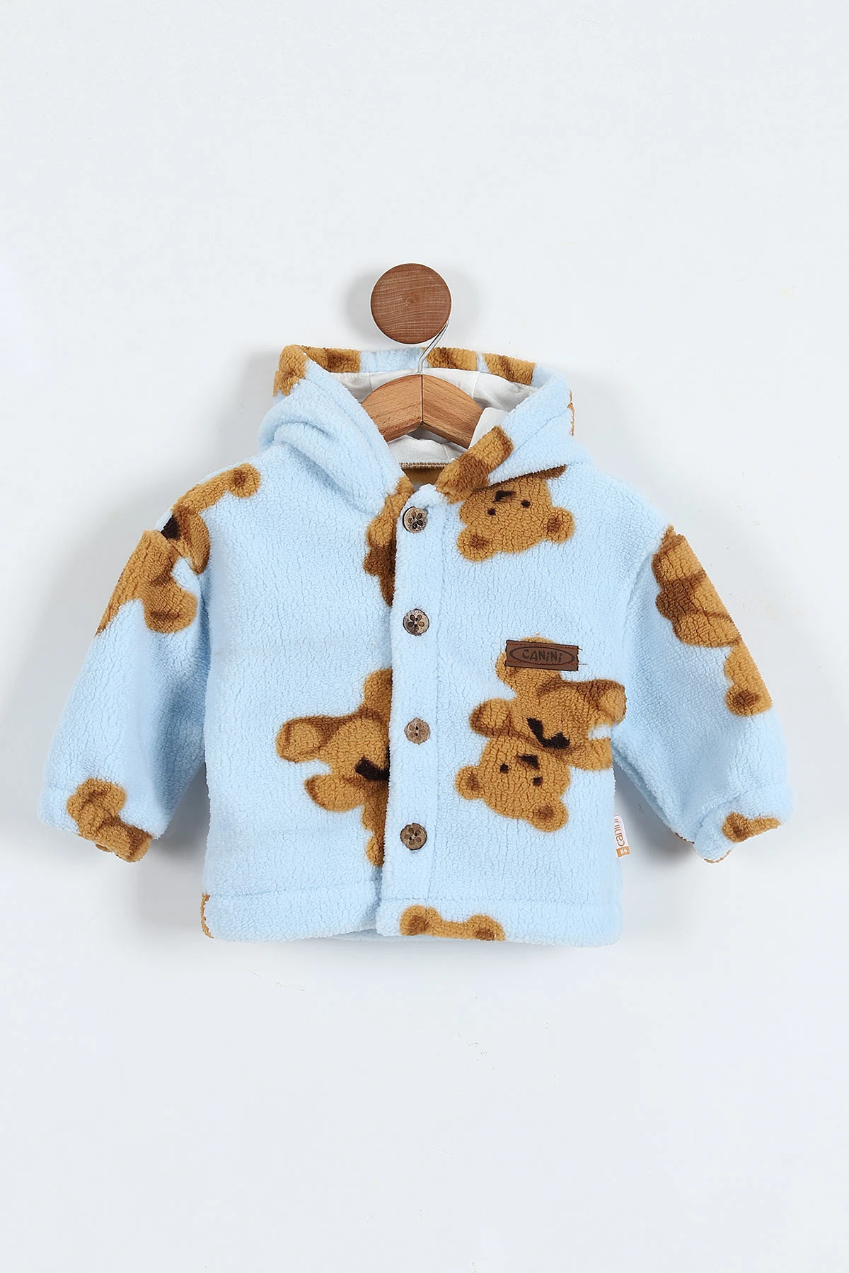 Bebe Mavisi (0-3 Yaş) Ayıcık Baskılı Kapüşonlu Welsoft Polar Bebek-Çocuk Mont 389413