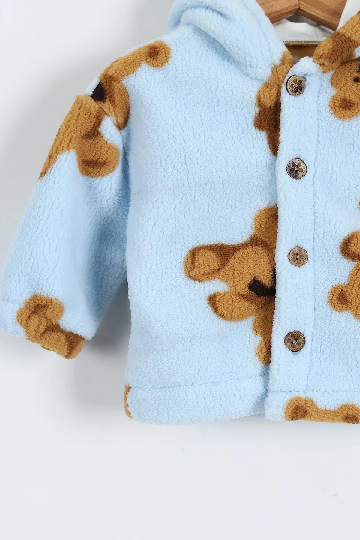 Bebe Mavisi (0-3 Yaş) Ayıcık Baskılı Kapüşonlu Welsoft Polar Bebek-Çocuk Mont 389413