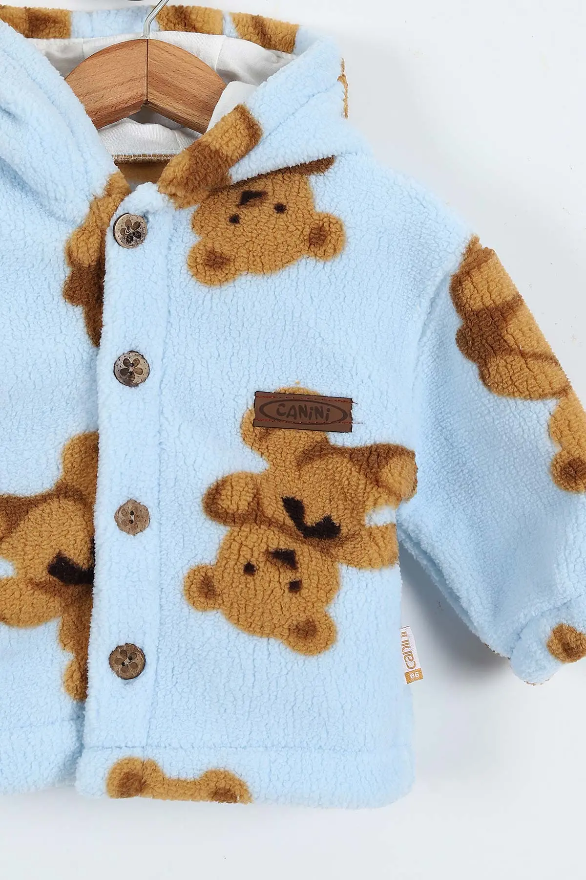 Bebe Mavisi (0-3 Yaş) Ayıcık Baskılı Kapüşonlu Welsoft Polar Bebek-Çocuk Mont 389413
