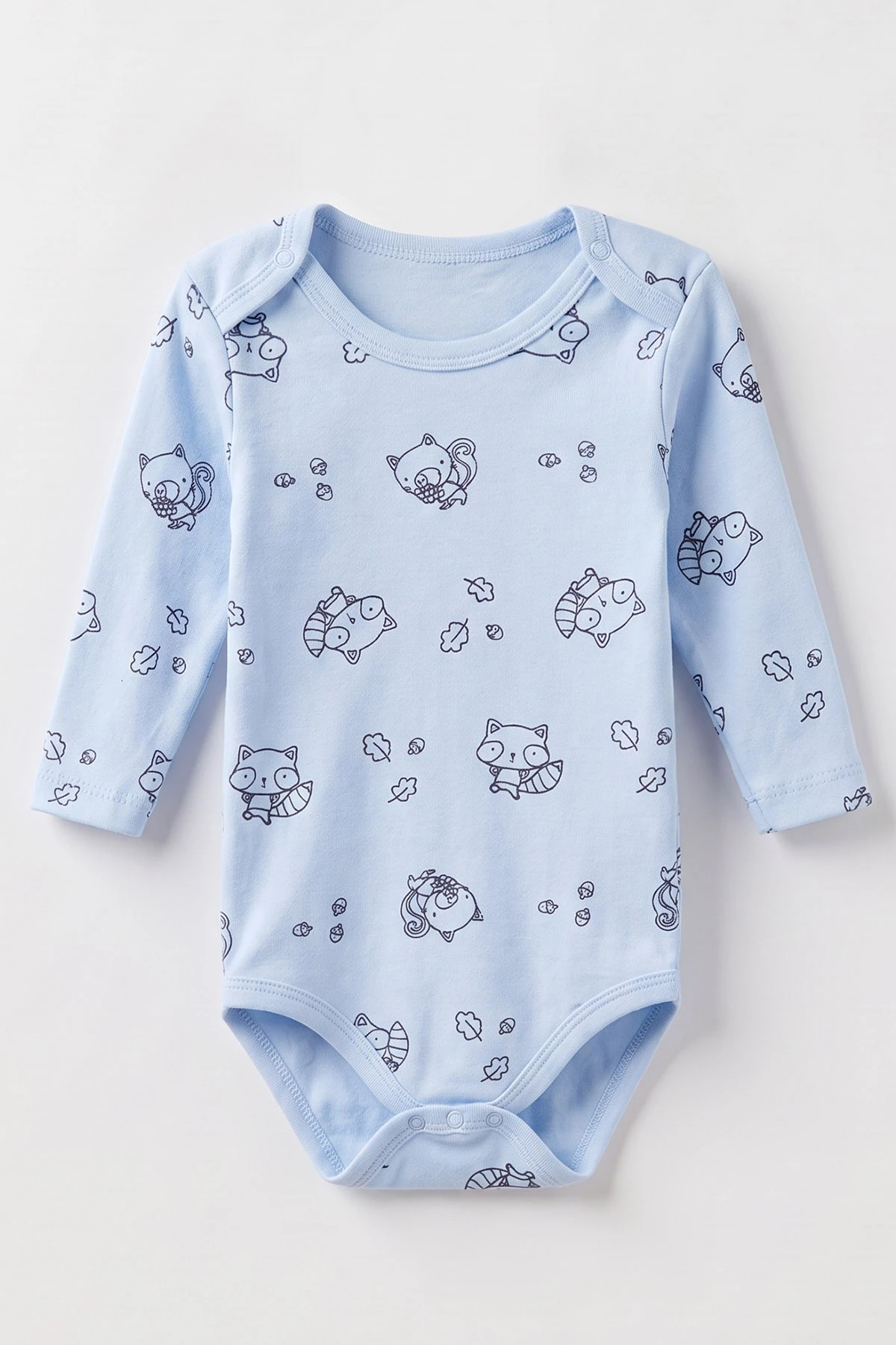 Bebe Mavisi (0-3 Yaş) Rakun Desenli Uzun Kol Penye Bebek &Çocuk Çıtçıtlı Badi 488226
