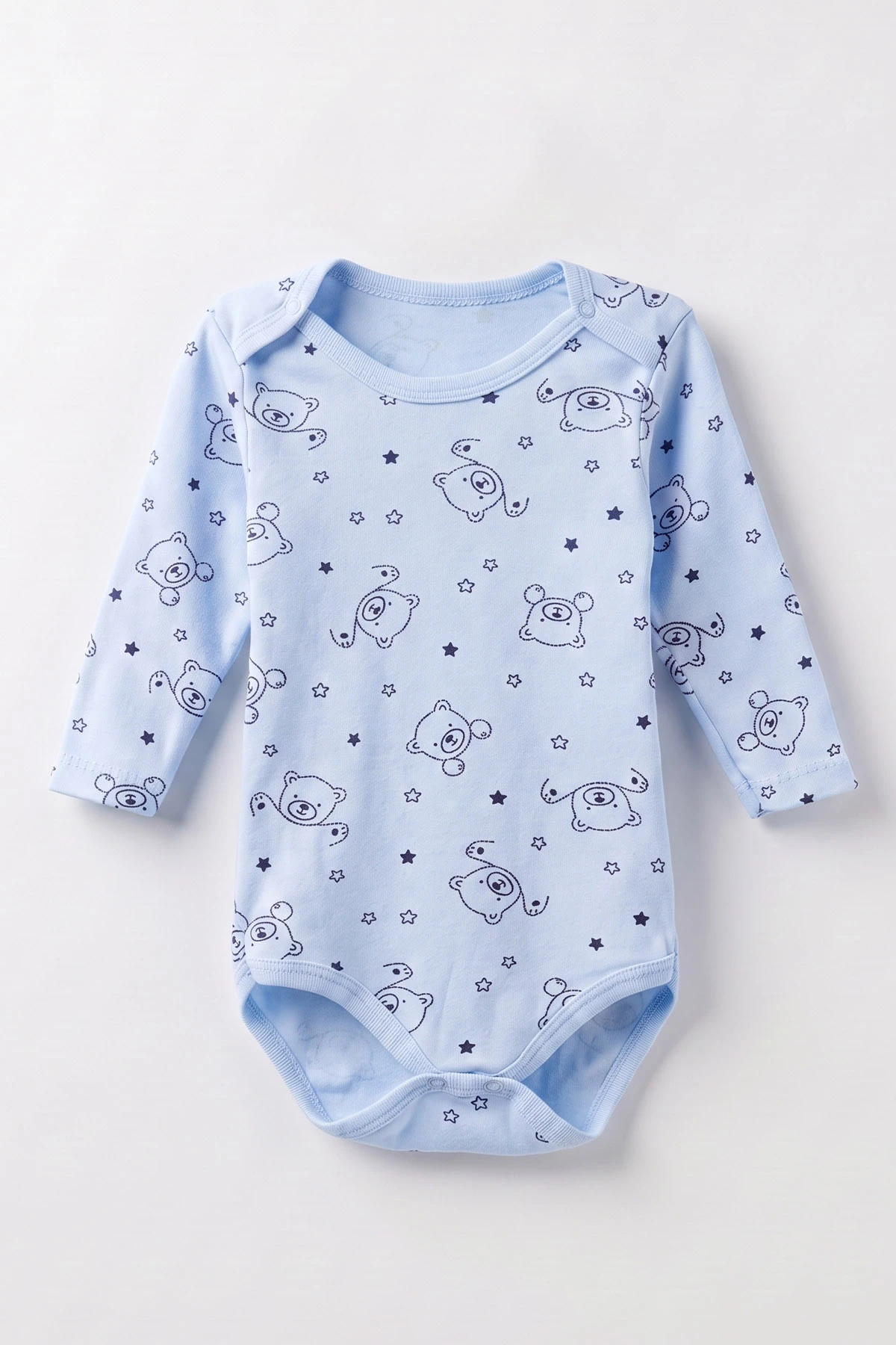 Bebe Mavisi (0-3 Yaş)  Yıldızlı Ayı Desenli Uzun Kol Penye  Bebek &Çocuk Çıtçıtlı Badi 488229