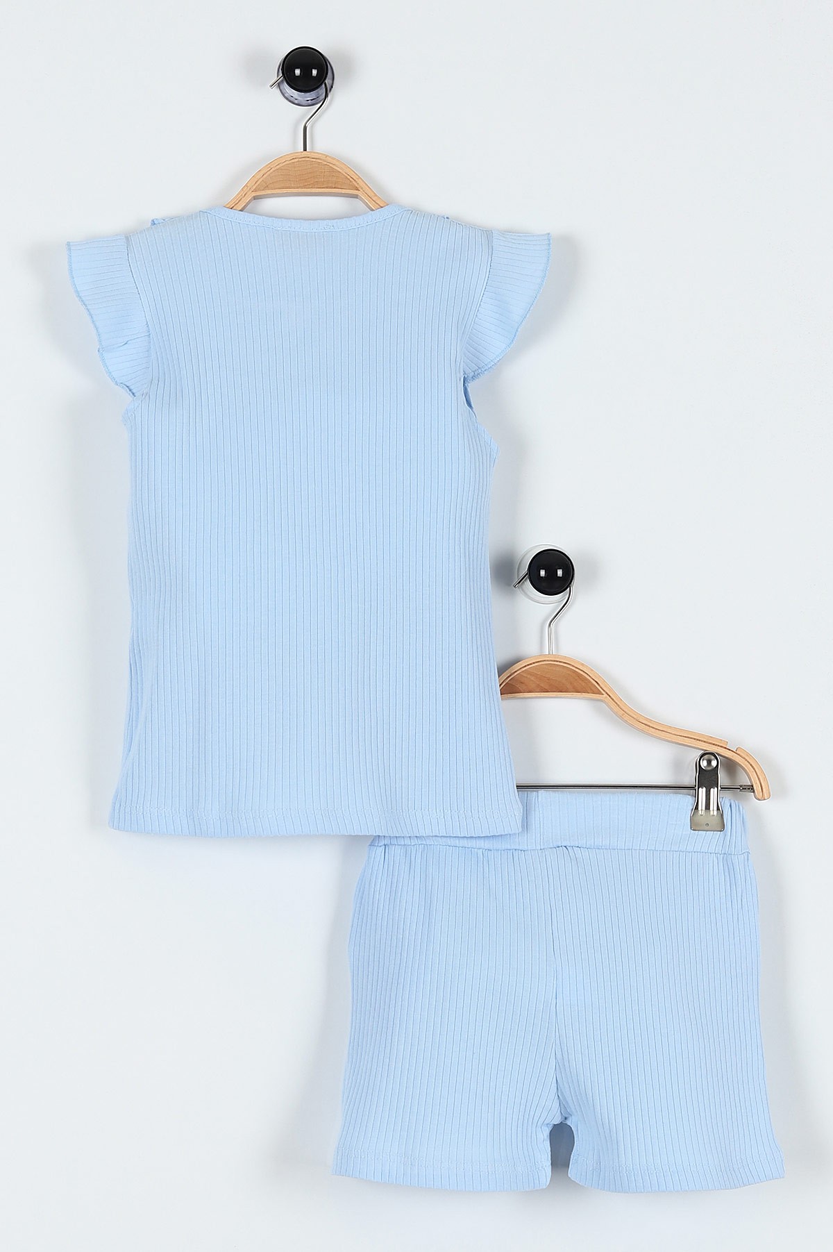 Bebe Mavisi (0-4 Yaş) Fiyonklu Fitilli Yaka Cep Detaylı Şortlu Kız Bebe Takım 184806