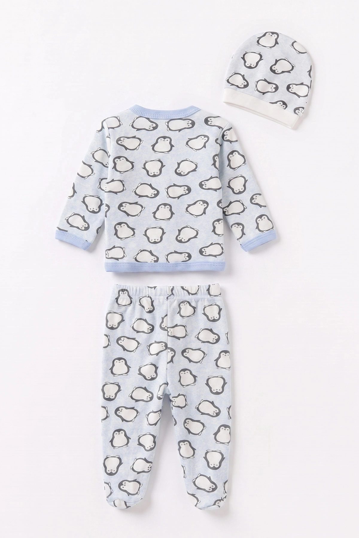 Bebe Mavisi (0-6 Ay) Penguen Baskılı Patikli Şapkalı Bebek Zıbın Seti 477328