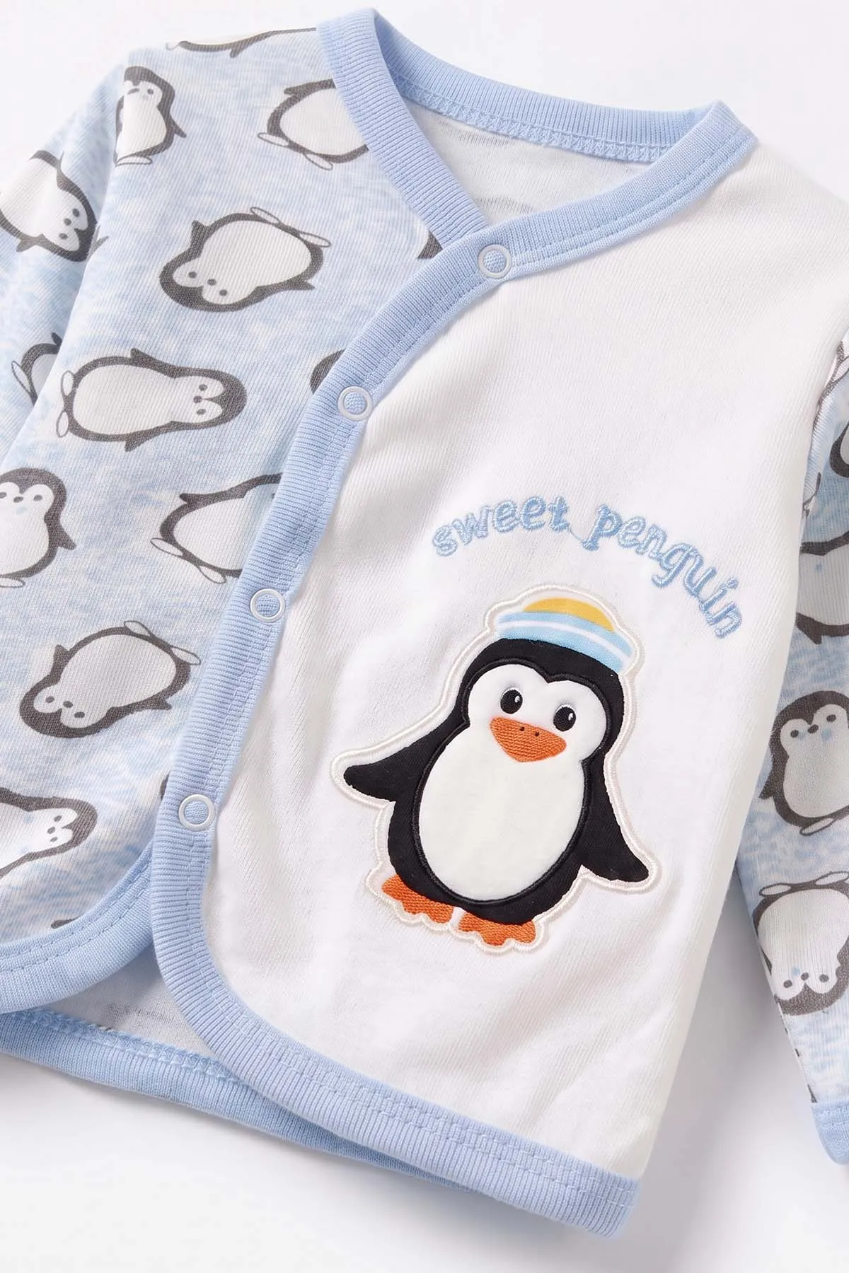 Bebe Mavisi (0-6 Ay) Penguen Baskılı Patikli Şapkalı Bebek Zıbın Seti 477328