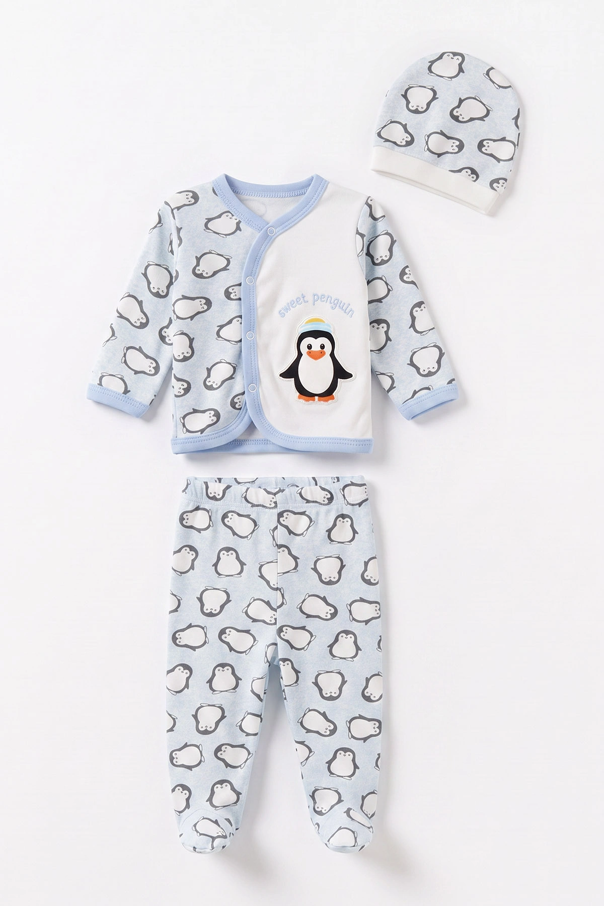 Bebe Mavisi (0-6 Ay) Penguen Baskılı Patikli Şapkalı Bebek Zıbın Seti 477328
